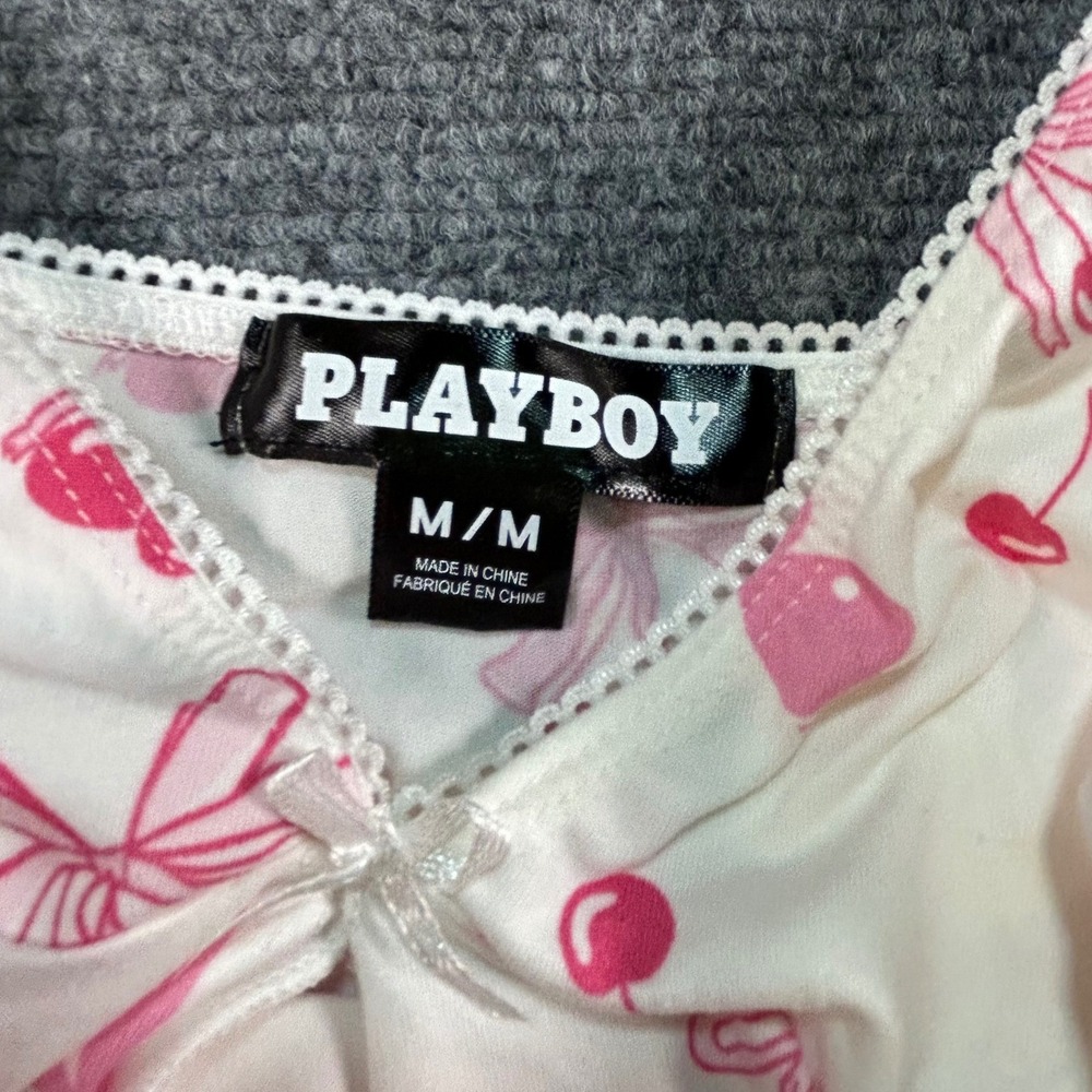 Playboy Pink Bunny Cherry Ribbon Pajama Set Camisole and Shorts White Medium - Picture 3 of 8